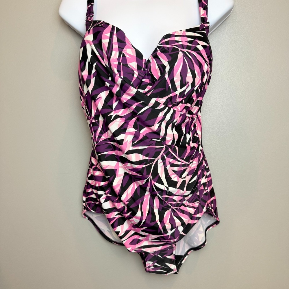 St. John's Bay One Piece Swimsuit Size 16 Purple Pink Tropical Print